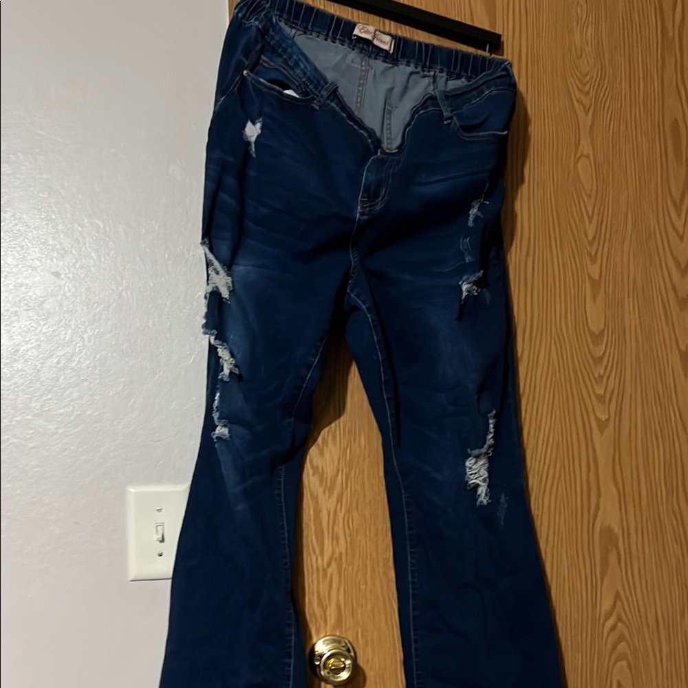 Blue Flare Wide Leg Jeans with Distressed Details